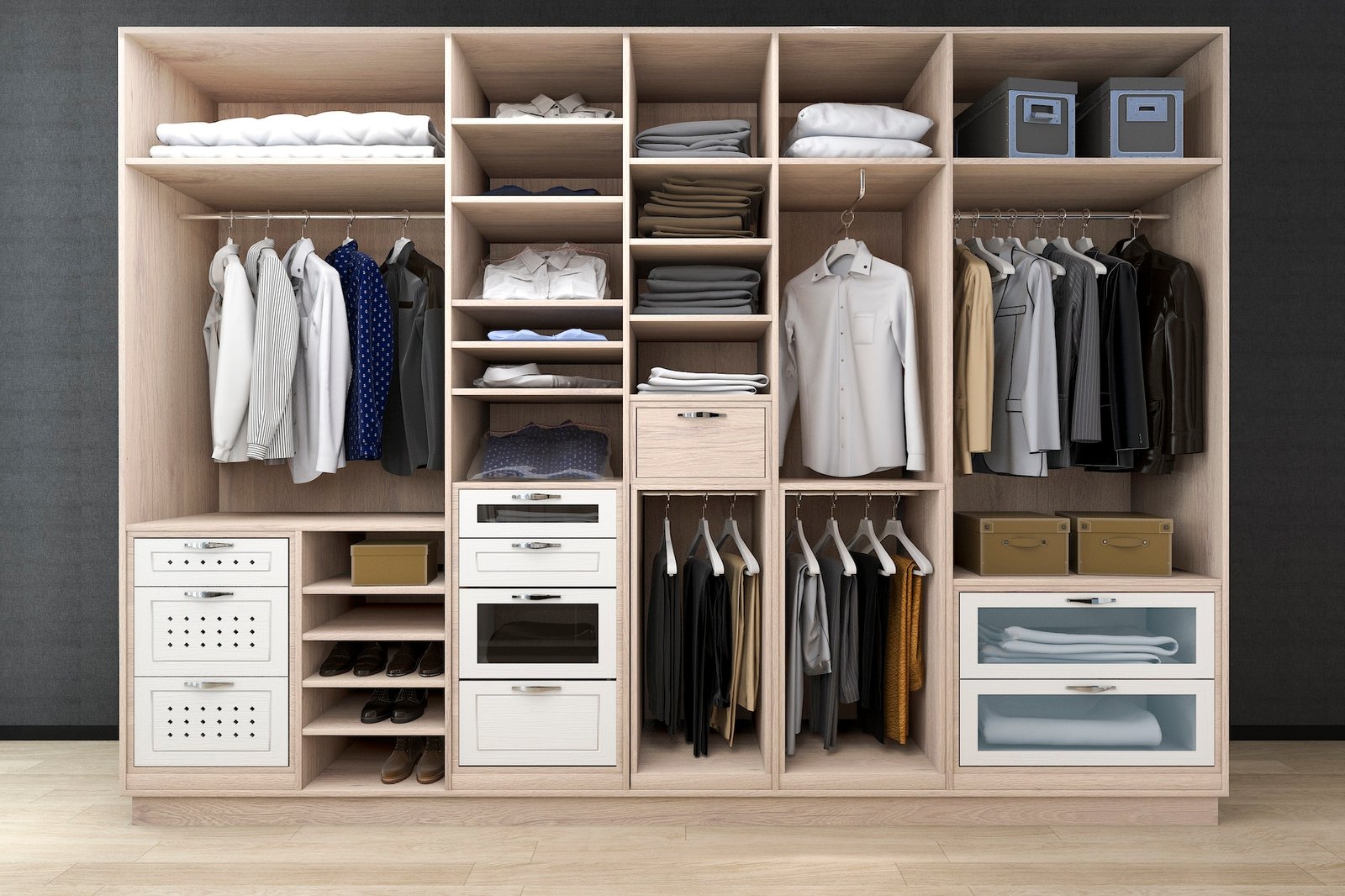 3d rendering minimal scandinavian walk in closet with wood wardrobe